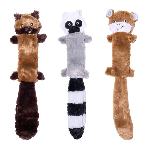 ZippyPaws Skinny Peltz - Chipmunk, Lemur, Monkey - No Stuffing Squeaky Dog Toys, Unstuffed Chew Toy for Small & Medium Breeds, Bulk Multi-Pack of 3 Soft Plush Toys, Flat No Stuffing Puppy Toys - 1...