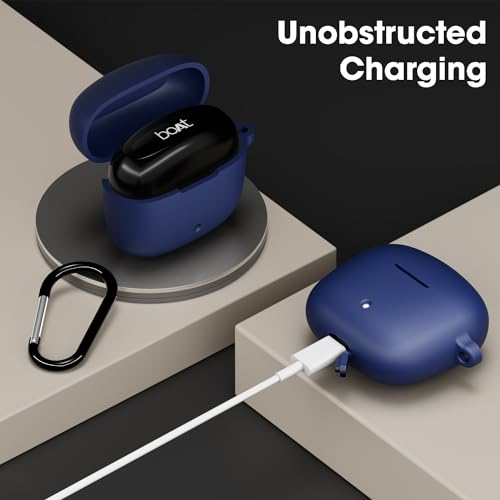 Image of Sounce Earphone Case Cover Compatible for Boat Airdopes 200 Plus, Soft Silicone Skin Case Cover Shock-Absorbing Protective Case with Keychain - Blue