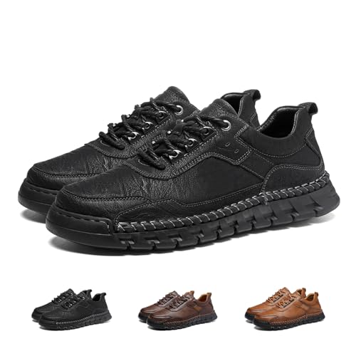 Men's Genuine Leather Lace Up Casual Loafers Handmade Stitching Round Toe Soft Sole Outdoor Fashion Sneakers Comfortable Lightweight Dress Walking Shoes for Driving Business Working