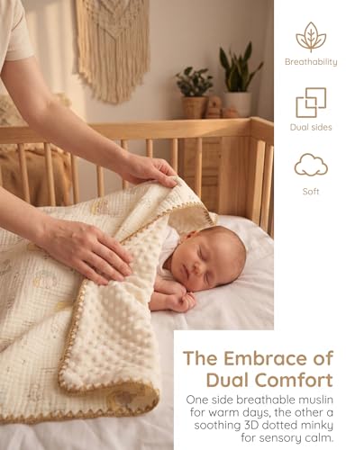 Image of Baby Blanket 40x40 Inches,Muslin Cotton and Minky Dotted Double Layer Soft Receiving Blanket for Newborn Toddler,Lunar Elephant