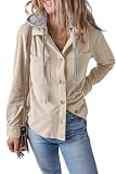 HERILIOS Womens Long Sleeve Button Down Shirt Corduroy Shacket Jacket Casual Fall Solid Short Hooded Coats
