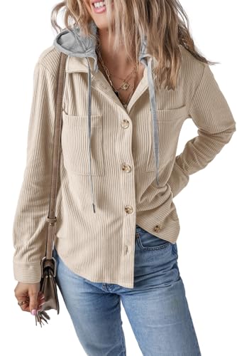 HERILIOS Women Long Sleeve Shacket Jacket Button Down Corduroy Hooded Coats