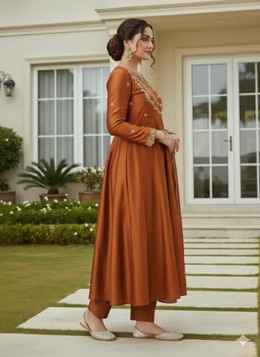 Image of Yashika Women's Silk Blend Embroidered Anarkali Kurta Set with Dupatta | Full Length Ethnic Wear for Women | Wedding