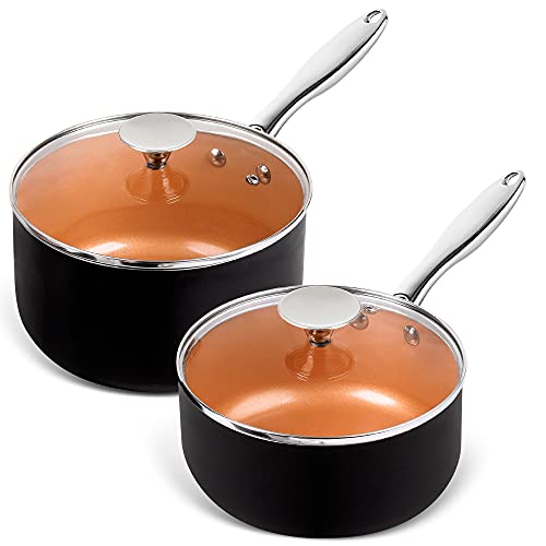 Comparison: Best Copper Coloured Saucepan Set 6 MICHELANGELO Saucepans, 2QT & 3QT Copper Saucepan Set With Non-stick Ceramic Interior For Multipurpose Use, Nonstick Saucepan With Lid, Copper Small Pots 2 Quart & 3 Quart