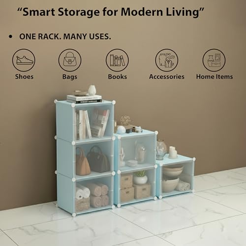 Image of ALOXE DIY Foldable Shoe Rack | 4 Layer Plastic Shoes Rack with Door Cover | Multipurpose Stand for Home & Entryway (Blue)
