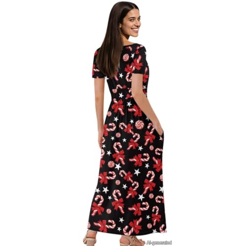 Image of Women's Fall Summer Short Sleeve Ankle Length V-Neck Party Dress with Pockets Size S-3XL