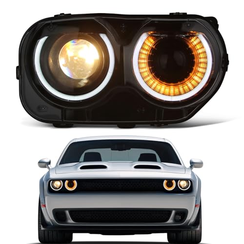 KNSPEC Headlight Assembly Compatible With Dodge Challenger 2015-2021 Black Housing Halogen Head Lights Replaceable 68174064AF CH2503267 Headlight(Right Passenger Side Challenger 15-21)