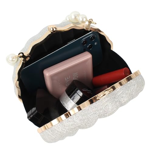 Image of Glitter Seashell Evening Clutch Purse Mini Chain Crossbody Bag Pu Leather Shell Pearl Shoulder Bag