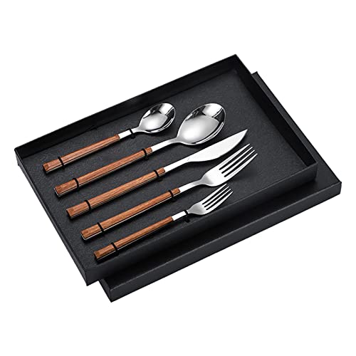 Flatware Set, 5 Piece Stainless Steel Flatware Cutlery Set Silverware Set Stainless Steel Heavy Duty Silverware Set for Home(Wood grain Clip Handle)