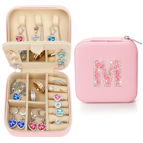 Nuozme Bling Sparkly Initial Jewelry Case,Personalized Gifts for Teen Girls,Kids,Women,Brides, Bridesmaids, Glitter Rhinestone Travel Jewelry Box,Easter Birthday Christmas Gifts, Small Size (Pink M)