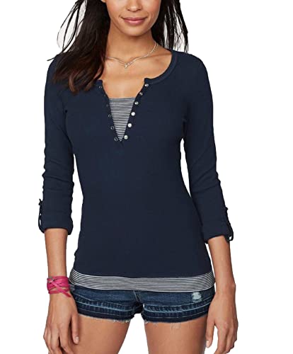HeyUU Chemise à Manches Longues 2 en 1 Blouse pour Femmes Top Femme avec Patte de Boutonnage décorative Ouverte et Manches à Revers Bleu Marine L Cover