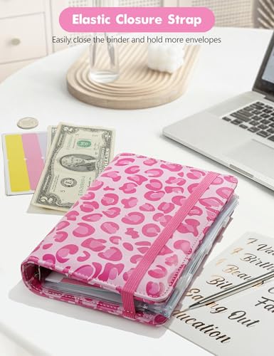 Image of A6 Budget Binder for Money Saving, PU Leather Budget Planner with 8 Cash Envelopes, Budget Sheets & Rose Gold Category Stickers, Money Organizer for Cash (Pink Leopard)