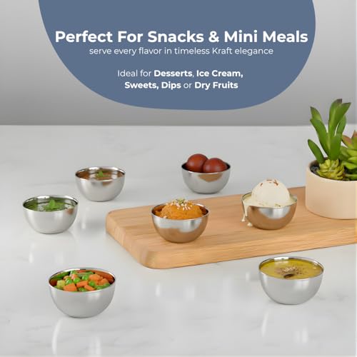 Image of Kraft Premium Stainless Steel Bowl Set of 6-250 ml | Nesting Serving & Storage Bowls for Snacks | Mirror Finish Heavy Gauge Vati | Food Grade katori for Ice Cream, Dessert | BPA Free, Rust-Proof
