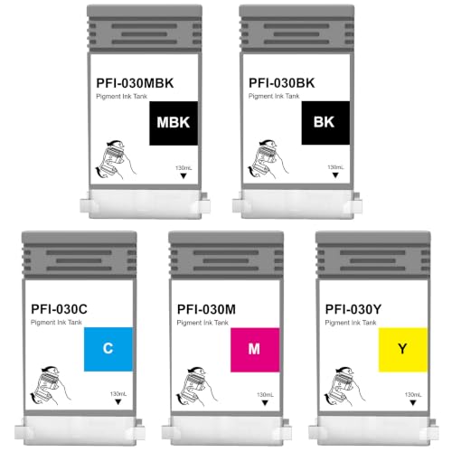 Image of PFI-030 Pigment Ink Tank Kit Compatible with Canon PFI-030 Cartridges | PFI-030MBK PFI-030BK PFI-030C PFI-030M PFI-030Y for imagePROGRAF TA-20 TA-30 TM-240 TM-340 Printers (5-Pack, MBK /BK /C /M /Y)