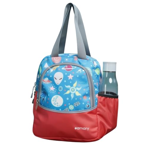 Image of ORBY Lunch Bag Galaxy Alien Red | Water-Repellent Durable Fabric | Tiffin Bag with Bottle Holder & Front Pocket | Strong Zipper & Spacious Meal Storage (Alien Pattern, Red)