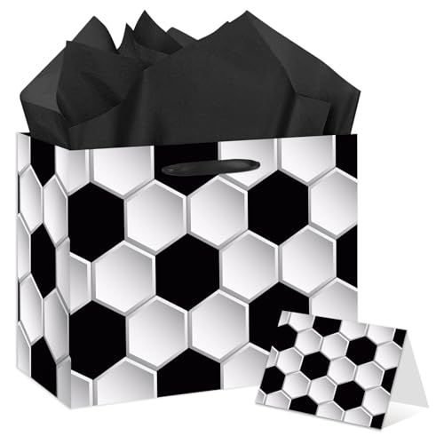 YXYASR Soccer Gift Bag with Tissue Paper and Greeting Card Envelope Soccer Themed Birthday Party Supplies Sports Gift Wrap for Kids Boys Star Athlete Team Banquet Coach Appreciation