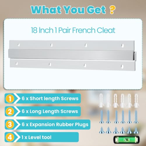 Image of French Cleat, Picture and Mirror Hanger, Aluminum French Cleat, Headboard Wall Mounting Brackets with Screws(18Inch-1 Pair,Support 200 lbs)