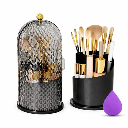 Image of OCEANEVO Cosmetic Makeup Brush Holder with Makeup Sponge, Dustproof Makeup Brush Organiser Stand with 360 Rotatable Lid - 12.5 x 27 Cm - Black - Diamond Pattern - 1 Year Warranty