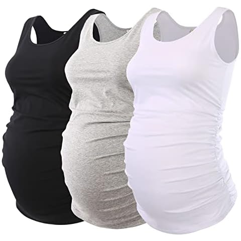 Ecavus 3PCS Womens Layering Maternity Tank Top Pregnancy Shirt Scoop Neck Sleeveless Ruched Vest (L, Black/White/Grey) Cover