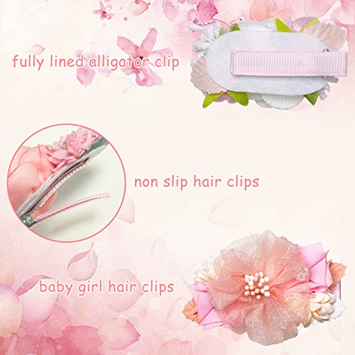 Yuearn 12Pcs Baby Girl Flower Hair Clips, Pink Floral Hair Clip For Girl White Imitation Pearl Hair Clips, Pink White Fully Lined Alligator Clips, Non Slip Handmade Hair Accessories For School Party #TOP3
