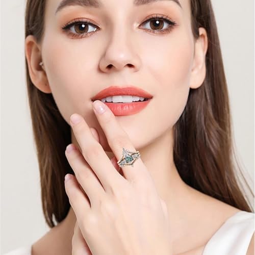 Natural Moss Agate Rings for Women Kite Cut Sterling Silver Moss Agate Ring for Women Wife, Optional 4 Colors (Rose/Yellow/White/Black), Ring Size 4-114