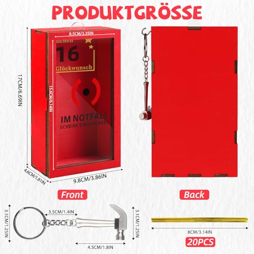 Anruzon - Originelle 16 Geburtstag Geschenk mädchen & Junge - 16.Geburtstag Geldgeschenke - Lustige Notfallbox mit Hammer und Seil - Deko Holzkiste - Personalisierbares Geschenk
