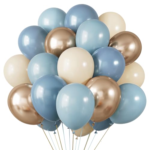 Image of RUBFAC Dusty Blue and Gold Balloons, 65pcs 12 Inches Champagne Gold Metallic Fog Baby Blue Balloon for Baby Boy Shower Bridal Birthday Wedding Party Decorations