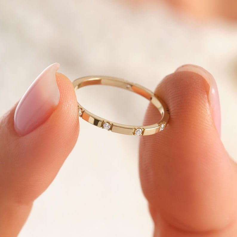 Scatter Diamond Wedding Band 14K Solid Gold 1.5mm, Thin Ten Moissanite Flush Setting Engagement Ring Women, Promising Minimal Stone Ring Her2