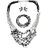 SHOP LC DELIVERING JOY Black Jewelry Sets for Women - Beaded Chunky Necklaces Stretch Bracelets and Boho Earrings Birthday Gifts - Black