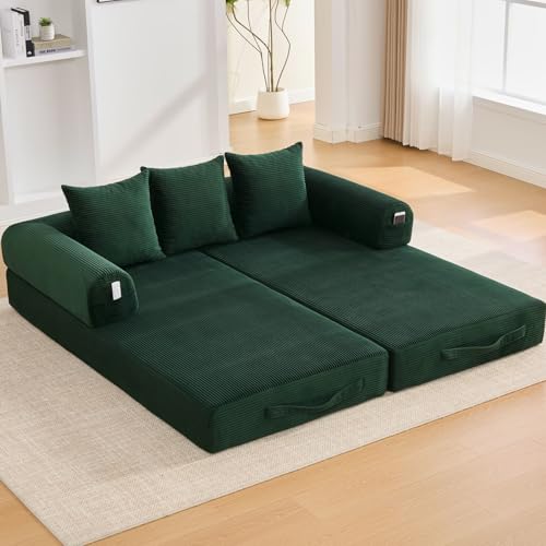 KOMHTOM Petit Canapé 2 Places en Velours Côtelé avec 3 Coussins Confortables, DIY Libre et Structure Métal - Canapé Convertible Multifonctionnel Moderne (Vert-B)