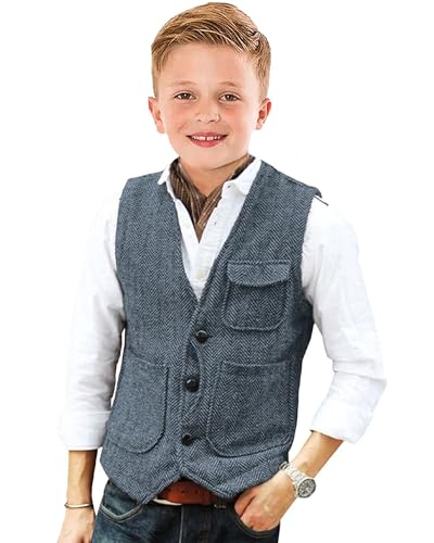 Image of Retro Boys Tweed Vest for Kids Formal Dress Herringbone Suit Vest for Toddler Boy Wedding Waistcoat