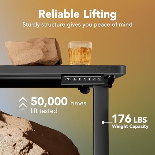 Image of HUANUO 32x19 Inch Small Electric Standing Desk, Adjustable, Black | Compact Home Office Desk, 176lbs Heavy Duty Lifting with 4 Height Presets. M8 Screw Holes Ready for DIY Mobile Wheels