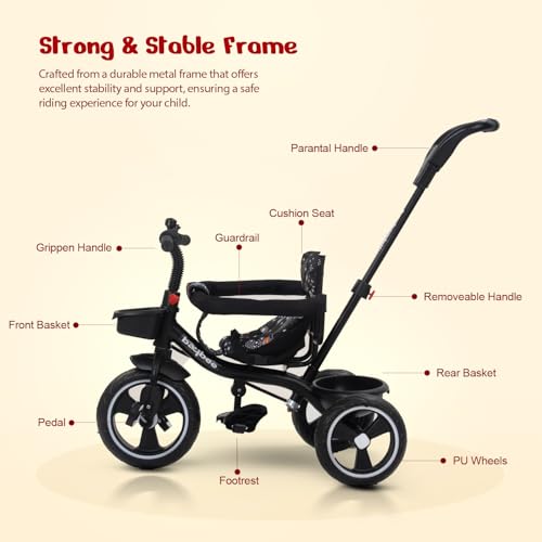 Image of Baybee 2 in 1 Baby Tricycle for Kids | Smart Balance Baby Trikes with Parental Handle, Cushion Seat, Safety Guardrail & Dual Storage | Kids Cycle for 2-5 Years Boy Girl (Tovino Black)