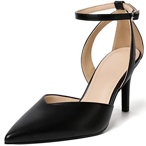 Image of RIBONGZ Block Heels for Women Closed Pointed Toe Heeled Slingback Chunky High Heel Ankle Strap Pumps Patent Leather Comfort Dressy Shoes for Work Party Prom Wedding Bridal Dress