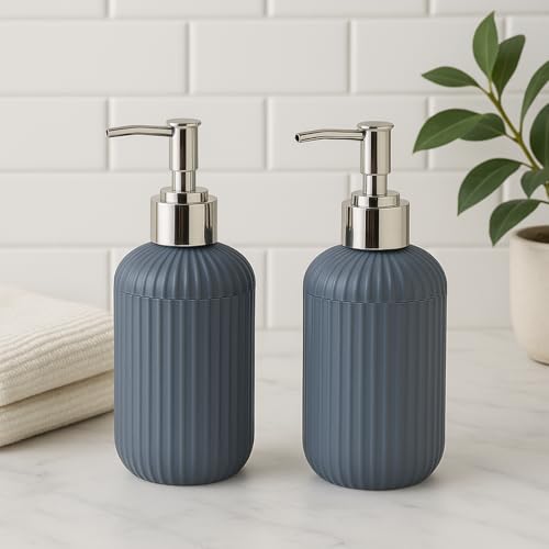 Image of LAGET 300ml Soap Dispenser for wash Basin - White Black Golden Print | Kitchen and Bathroom Accessories Items | Handwash Dispenser Bottle- Set of 2 (Metallic Blue)