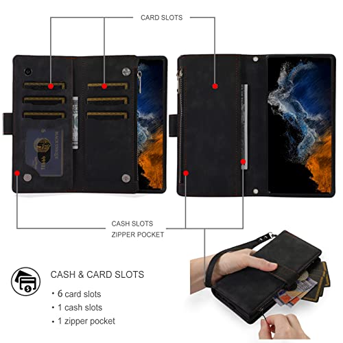 Samsung S23 Wallet case, Samsung S23 Flip Leather Credit Card Slots Zipper Pocket [Magnetic Closure] [Wrist Strap] [Stand] RFID Blocking Wallet Cards Holder for Man Woman Gift (Black)3