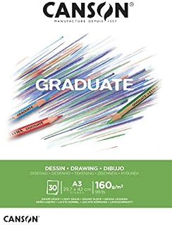 CANSON Graduate White Drawing 160gsm A4 Paper, Light Grain, Pad Glued Short Side, 30 Bright White Sheets, Ideal for Student Artists