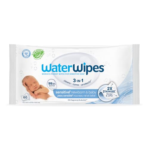 Image of WaterWipes Sensitive+ Newborn & Baby Wipes, 3-In-1 Cleans, Cares, Protects, 99.9% Water, Unscented & Hypoallergenic, 60 Count