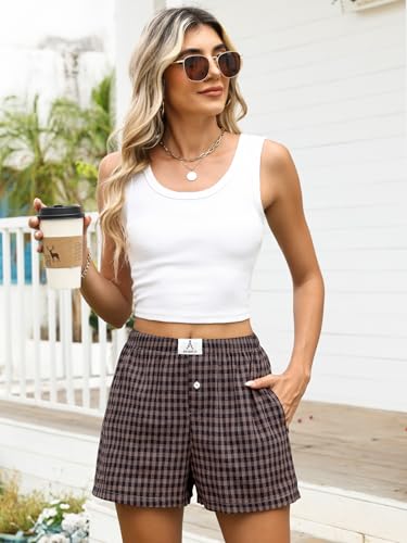 Image of ANRABESS Boxer Shorts for Women Gingham Pajama 2026 Summer Casual Lounge Sleep Plaid Shorts Y2K Beach Bottoms