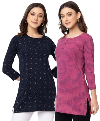 Image of Women Regular Fit Henley All Over Print T-Shirt (Combo of 2) | Small-5XL