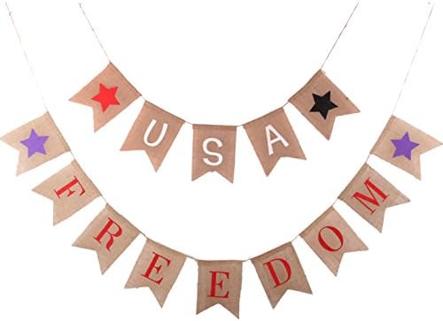 Burlap Freedom Bunting Banner for Patriotic Party Decorations, Welcome Home Soldier, Police Retirement Party Supplies, Independence Day SG014