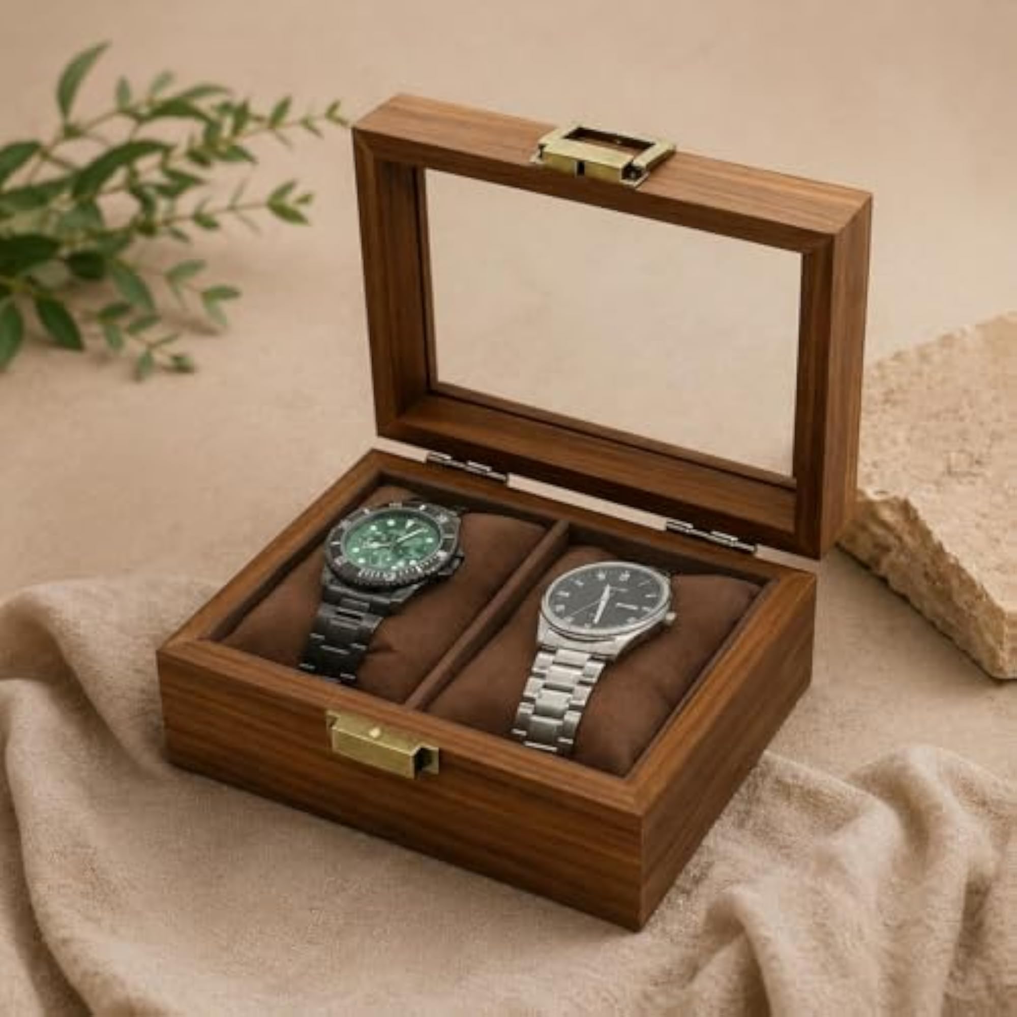 Padded Slots Wooden Watch Box, Glass Lid Organizer