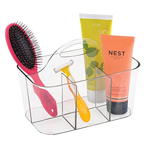 Image of mDesign Small Plastic Shower/Bath Storage Organizer Caddy Tote with Handle for Dorm, Shelf, Cabinet - Hold Soap, Shampoo, Conditioner, Combs, Brushes, Lumiere Collection, Clear