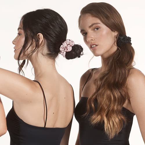 Slip Silk Large Scrunchies In Black, Pink, And Caramel - 100% Pure 22 Momme Mulberry Silk Scrunchies For Women - Hair-Friendly + Luxurious Elastic Scrunchies Set (3 Scrunchies) #TOP3