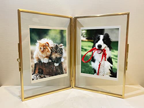 Wonthai Gold Picture Frame - 4 * 6 Double Folding Glass Frame For Pressed Flowers - Vintage Brass Metal And Floating Frame - Hinged Photo Vertical (4 * 6)… #TOP2