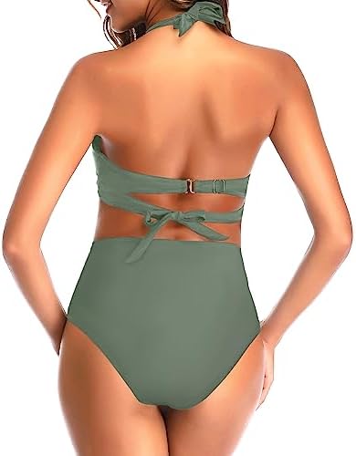 Tempt Me Women Two Piece Vintage Swimsuit Retro Halter Ruched High Waist Bikini with Bottom, Olive Green, S - 4