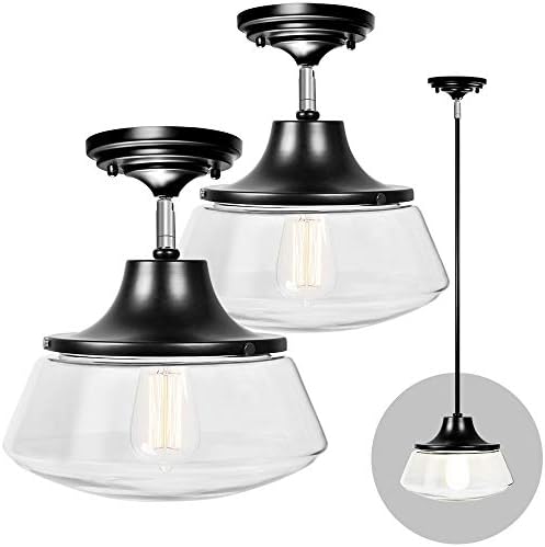 [2 Pack] Semi Flush Mount Ceiling Light with Metal Glass, E26 Base Pendant Lighting Chandelier Flush Mount Light Fixture for Kitchen, Hallway Ceiling Light Fixture for Indoor Outdoor