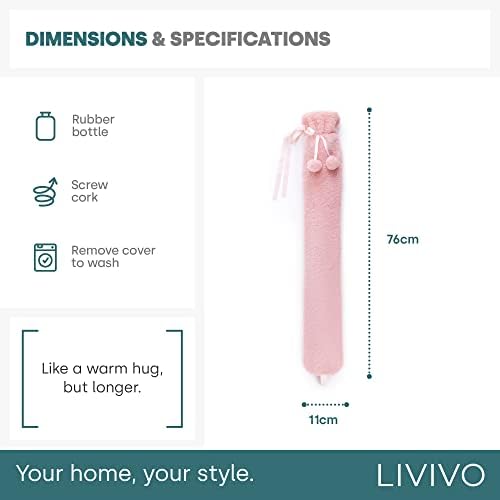 LIVIVO 2L Extra Long Hot Water Bottle with Soft, Removable and Washable Fleece/Knitted/Faux Fur Cover - Giant Size Ideal for Full Body (Pink with Pom-Pom)