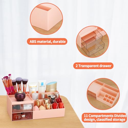 Image of LETURE Desk Organizer, Cosmetic Makeup Vanity Organizer Box, Bathroom Counter Makeup Storage for Eyeshadows, Skin Care, Concealers, Powders, Nail Polish (Pink Color)
