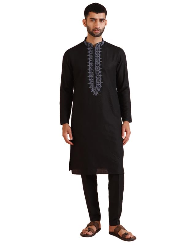 kisah Men's Kurta Trouser Set, Black Silk Blend, Jacquard Regular Fit Mandarin Collar Long Sleeves-picture-48